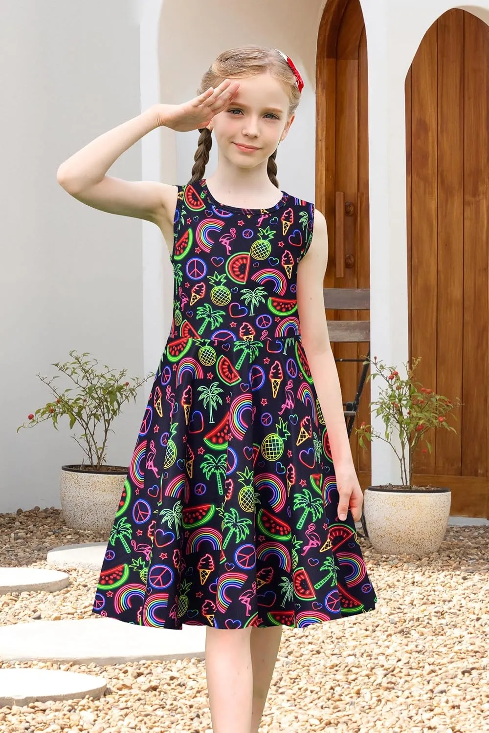 uideazone Girls Sleeveless Dress Round Neck Floral Printed Sundress for Casual Home Party Beach 4-12 Years