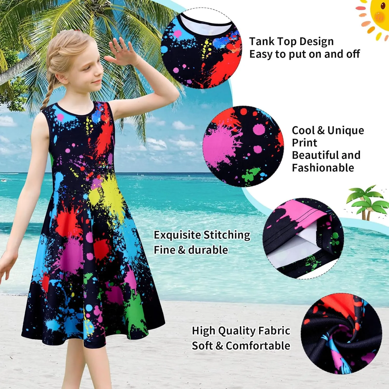 uideazone Girls Sleeveless Dress Round Neck Floral Printed Sundress for Casual Home Party Beach 4-12 Years