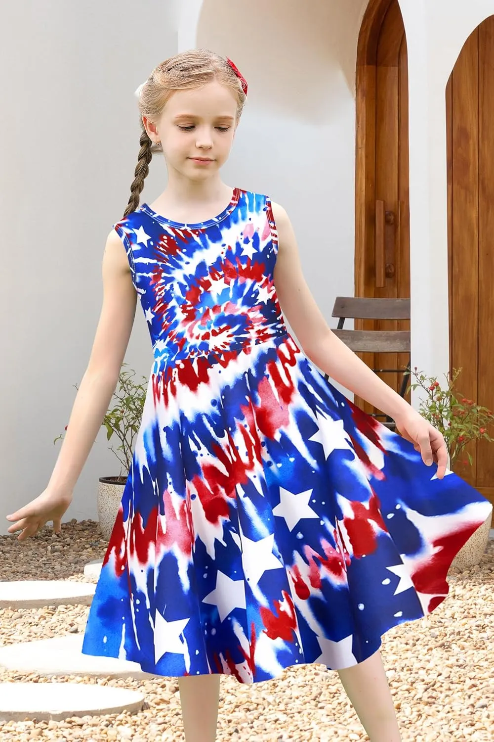 uideazone Girls Sleeveless Dress Round Neck Floral Printed Sundress for Casual Home Party Beach 4-12 Years