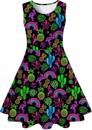 uideazone Girls Sleeveless Dress Round Neck Floral Printed Sundress for Casual Home Party Beach 4-12 Years