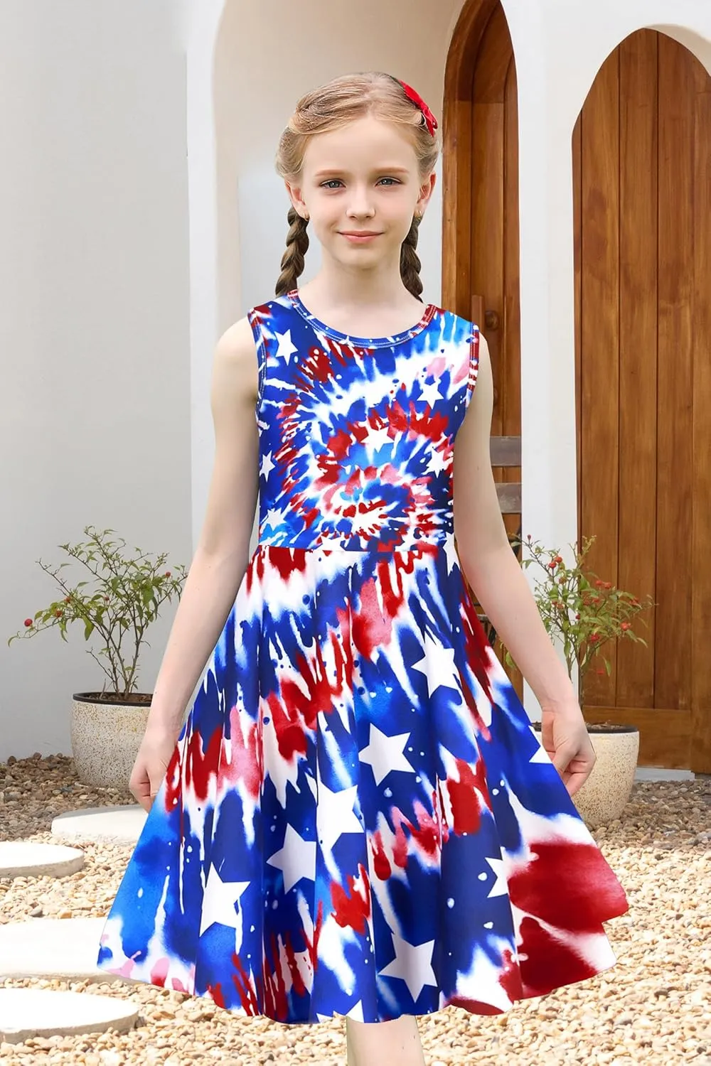 uideazone Girls Sleeveless Dress Round Neck Floral Printed Sundress for Casual Home Party Beach 4-12 Years