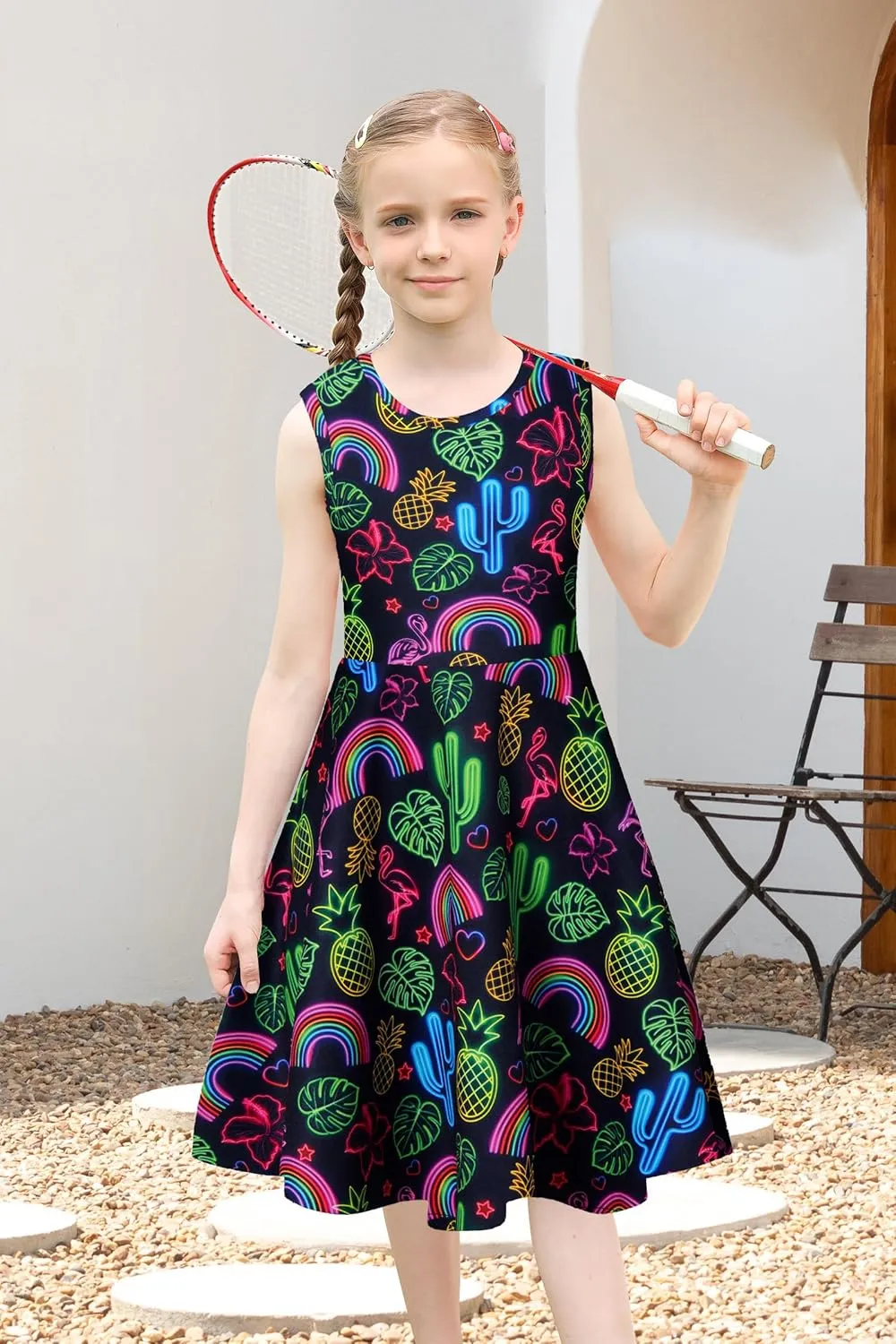 uideazone Girls Sleeveless Dress Round Neck Floral Printed Sundress for Casual Home Party Beach 4-12 Years