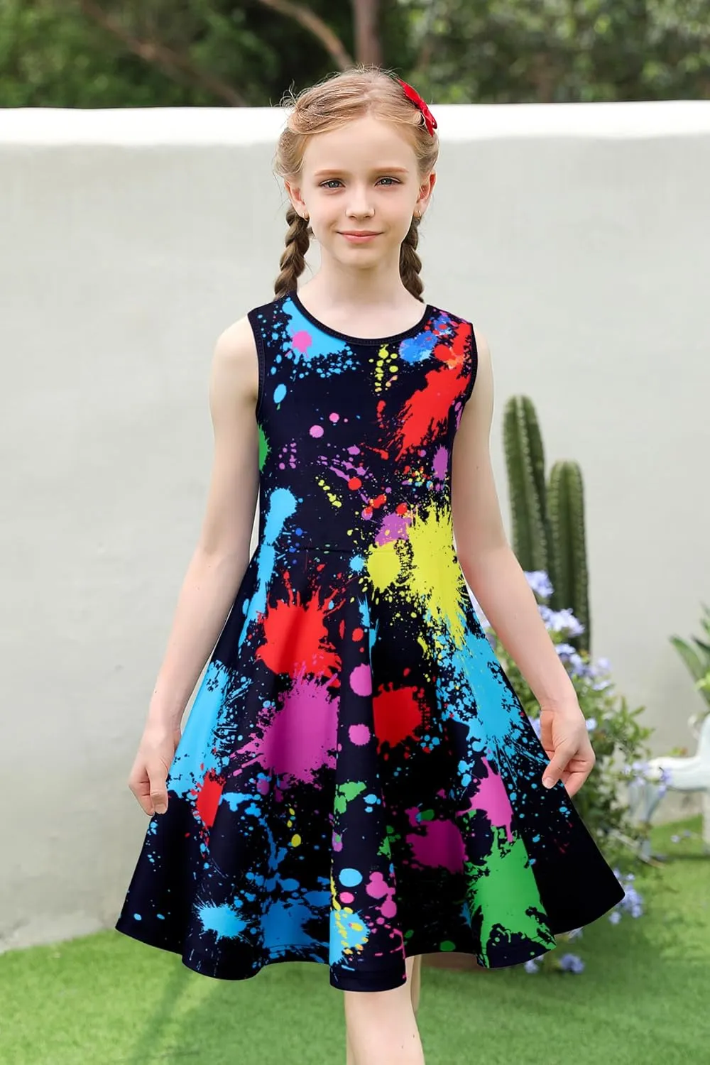 uideazone Girls Sleeveless Dress Round Neck Floral Printed Sundress for Casual Home Party Beach 4-12 Years