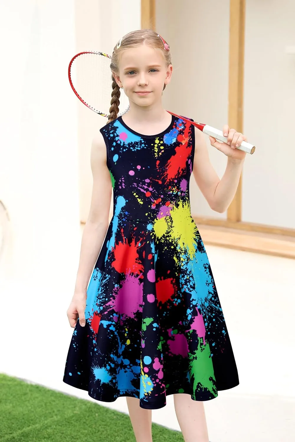 uideazone Girls Sleeveless Dress Round Neck Floral Printed Sundress for Casual Home Party Beach 4-12 Years