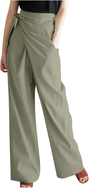 Uillui Dressy Casual Work Pants for Women Fashion Wrap High Waist Lace-Up Slacks Straight Leg Wide Leg Cotton Linen Trousers