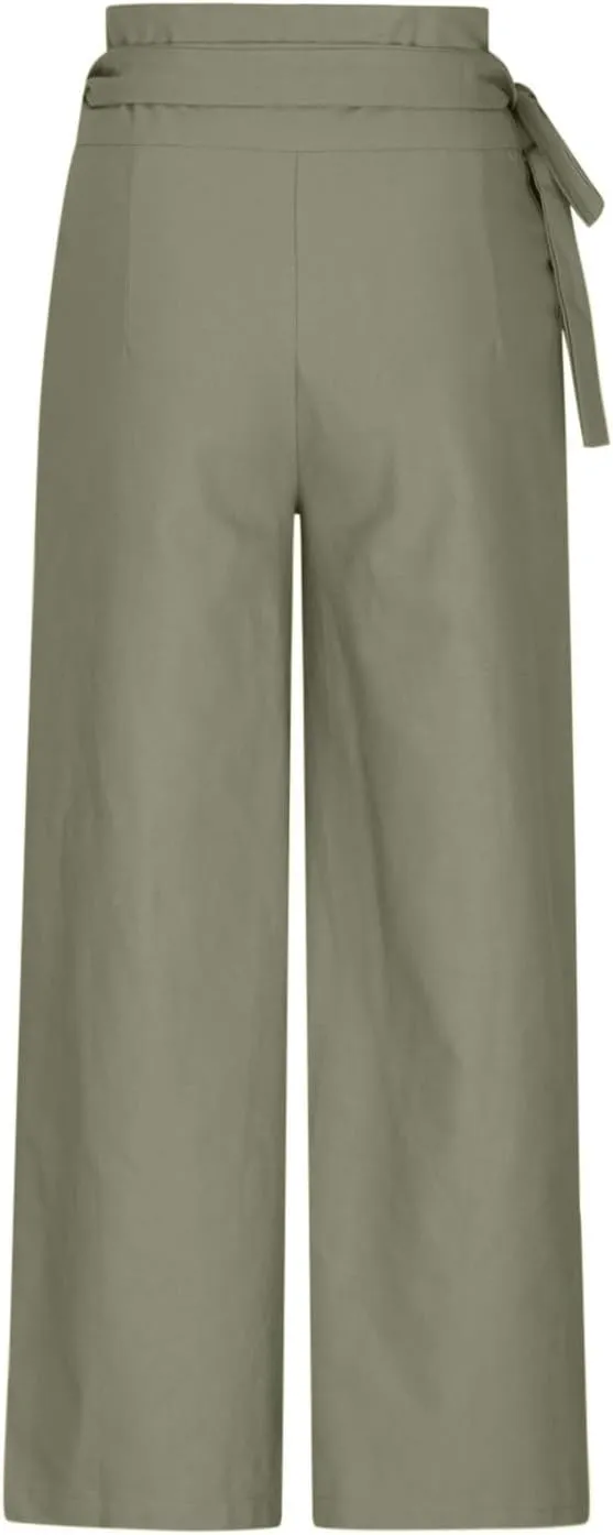 Uillui Dressy Casual Work Pants for Women Fashion Wrap High Waist Lace-Up Slacks Straight Leg Wide Leg Cotton Linen Trousers