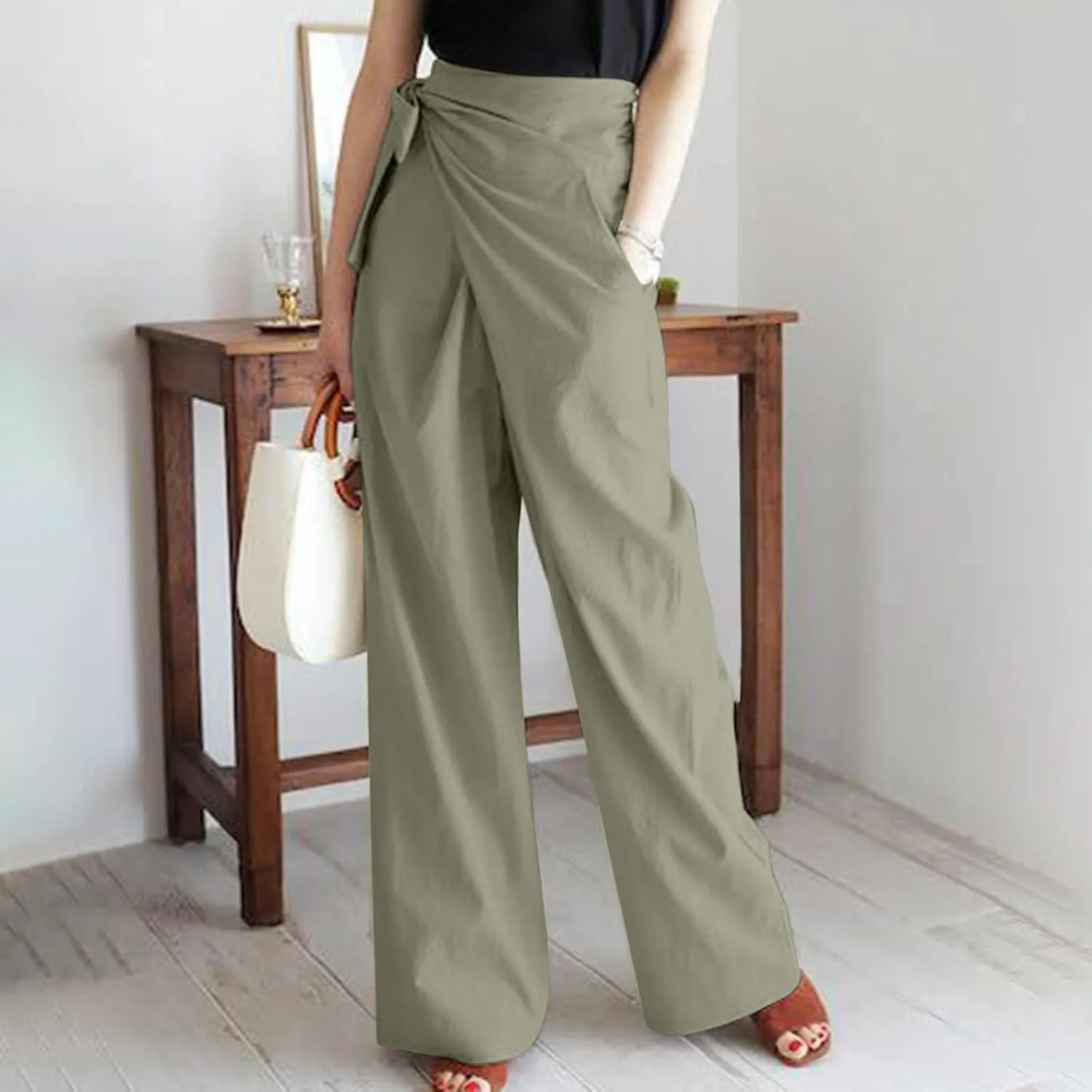 Uillui Dressy Casual Work Pants for Women Fashion Wrap High Waist Lace-Up Slacks Straight Leg Wide Leg Cotton Linen Trousers