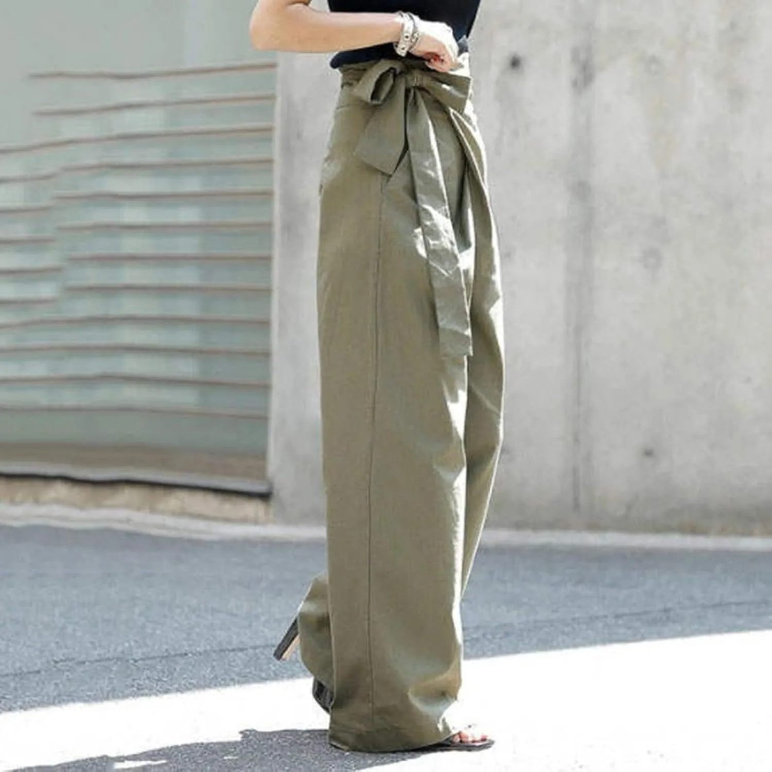 Uillui Dressy Casual Work Pants for Women Fashion Wrap High Waist Lace-Up Slacks Straight Leg Wide Leg Cotton Linen Trousers