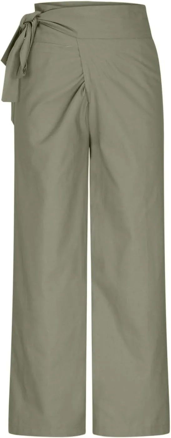 Uillui Dressy Casual Work Pants for Women Fashion Wrap High Waist Lace-Up Slacks Straight Leg Wide Leg Cotton Linen Trousers