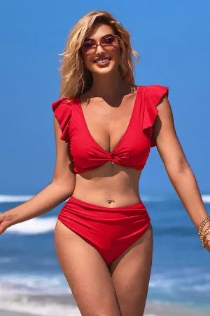 V Neck Solid Color Ruching Ruffle Tie Back Bikini Suits