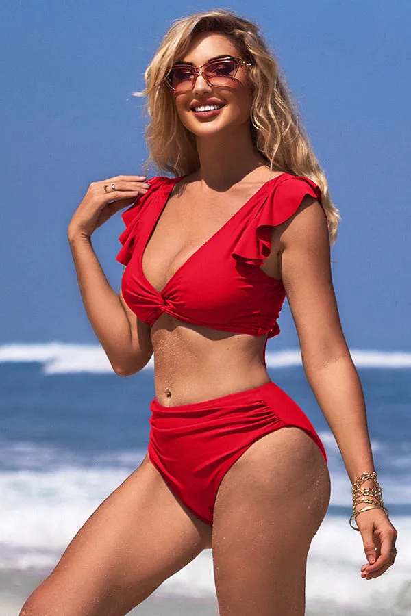 V Neck Solid Color Ruching Ruffle Tie Back Bikini Suits