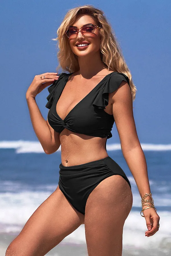 V Neck Solid Color Ruching Ruffle Tie Back Bikini Suits