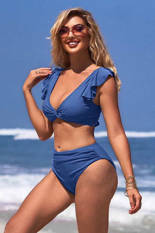 V Neck Solid Color Ruching Ruffle Tie Back Bikini Suits
