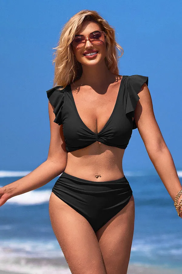 V Neck Solid Color Ruching Ruffle Tie Back Bikini Suits