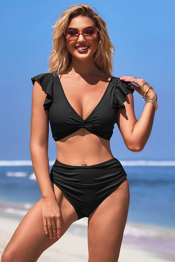 V Neck Solid Color Ruching Ruffle Tie Back Bikini Suits