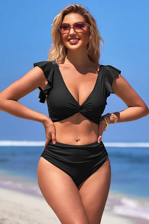 V Neck Solid Color Ruching Ruffle Tie Back Bikini Suits