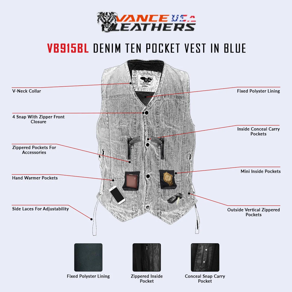 Vance Mens Blue Ten Pocket Denim Motorcycle Vest