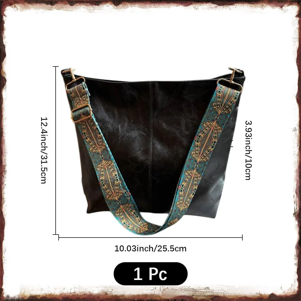 Vegan PU Leather Crossbody Hobo Bag with Zipper Black Stylish Shoulder Purses for Women Wide Guitar Strap Tote Bucket Bag for Working, Shopping, Traveling, Meeting, Daily Use
