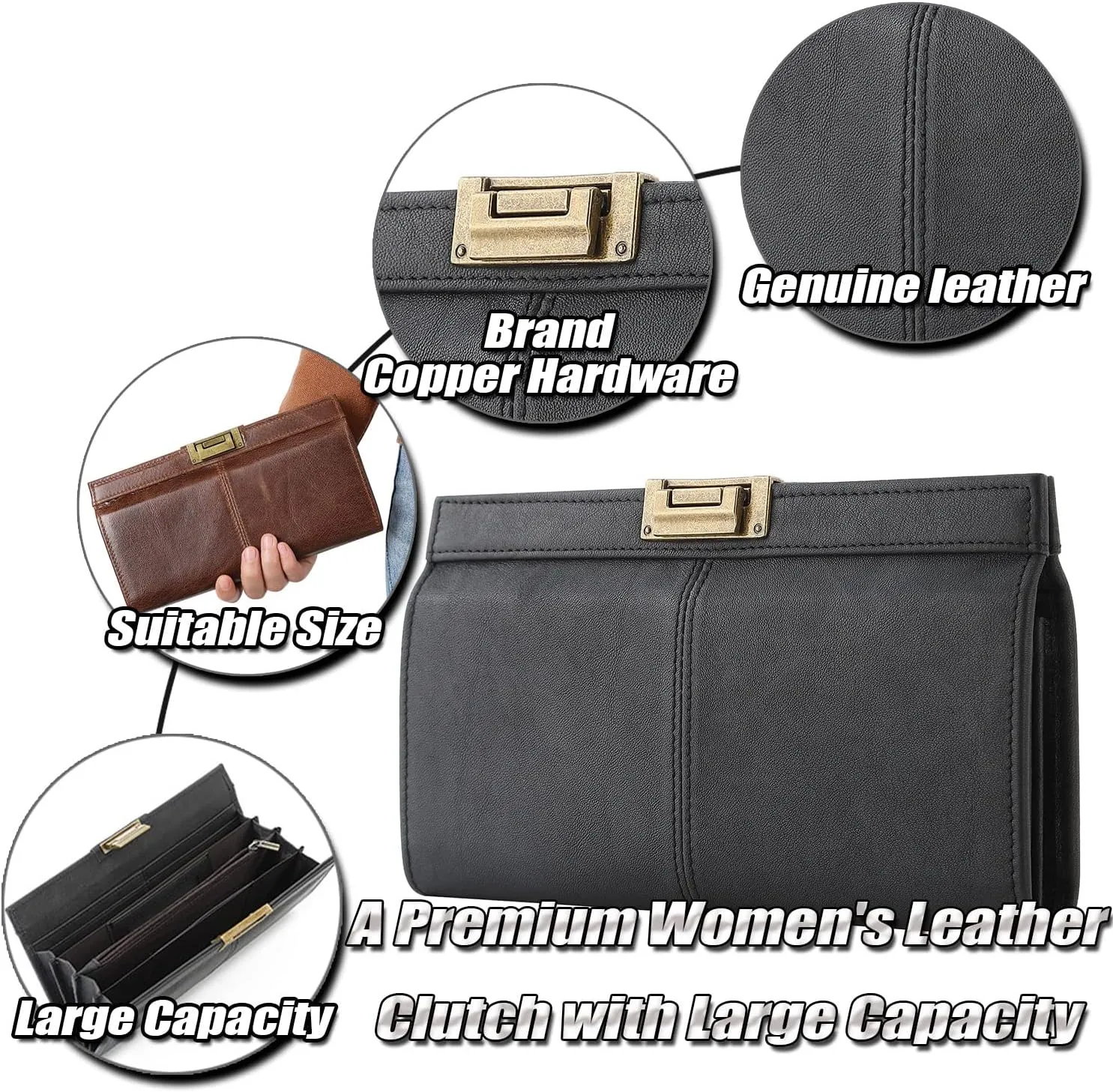 Vintage Genuine Leather Clutch Purse for Women Ladies Cell Phone Handbag Credit Card Holder Wallet with Multi Compartments
