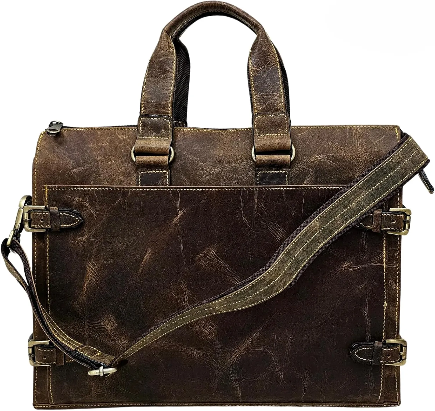 Vintage Leather Briefcase for Men & Women, Brown 15 Inch Laptop Bag, Full-Grain Leather Business Messenger Bag with Shoulder Strap, Professional Office Work Bag