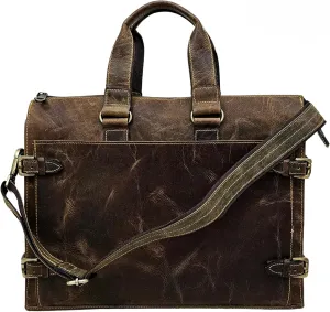 Vintage Leather Briefcase for Men & Women, Brown 15 Inch Laptop Bag, Full-Grain Leather Business Messenger Bag with Shoulder Strap, Professional Office Work Bag