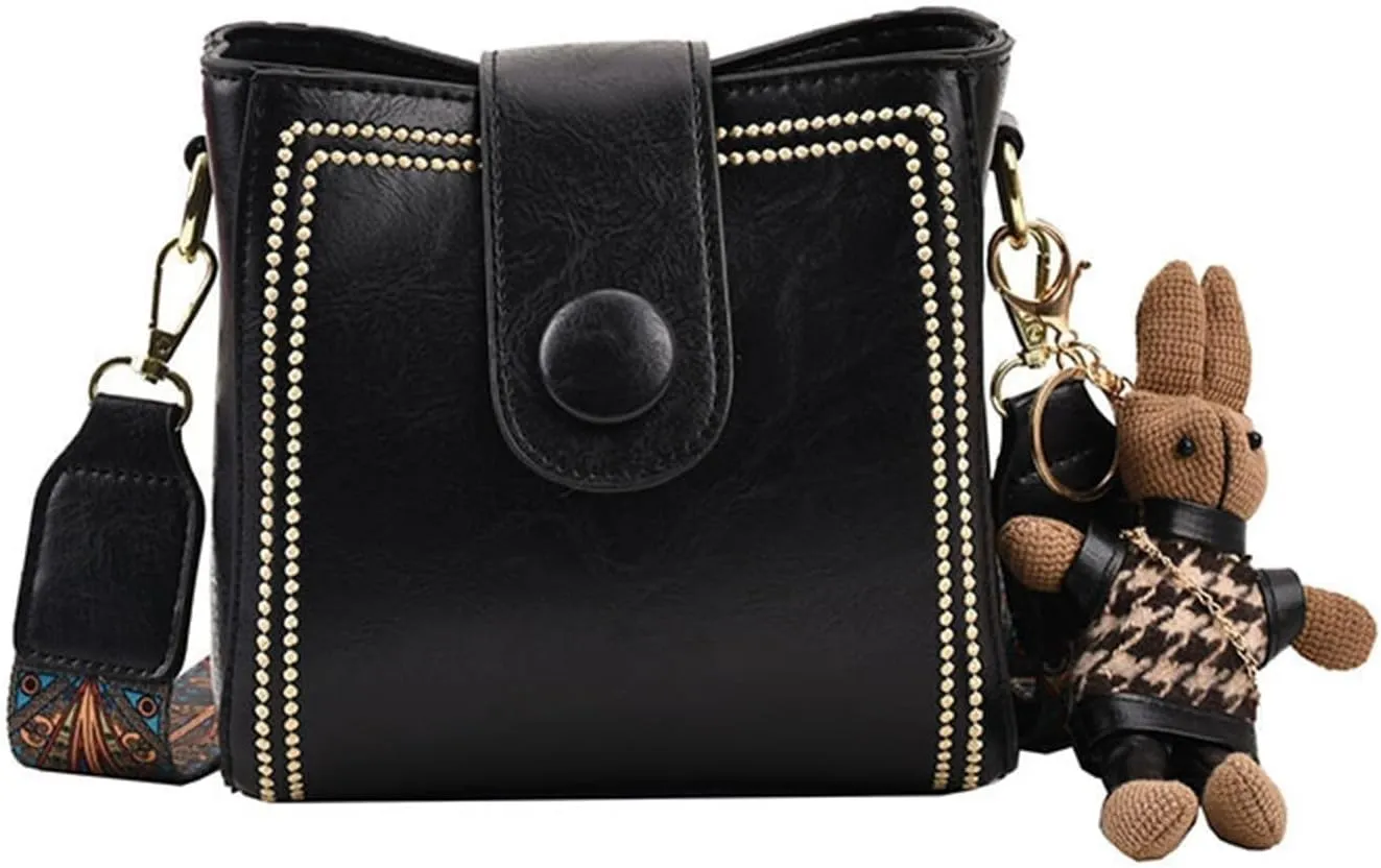 Vintage Simple PU Leather Bunny Bucket Ornaments Crossbody Bags for Women Luxury Designer Handbagt Lady Black Shoulder Bag