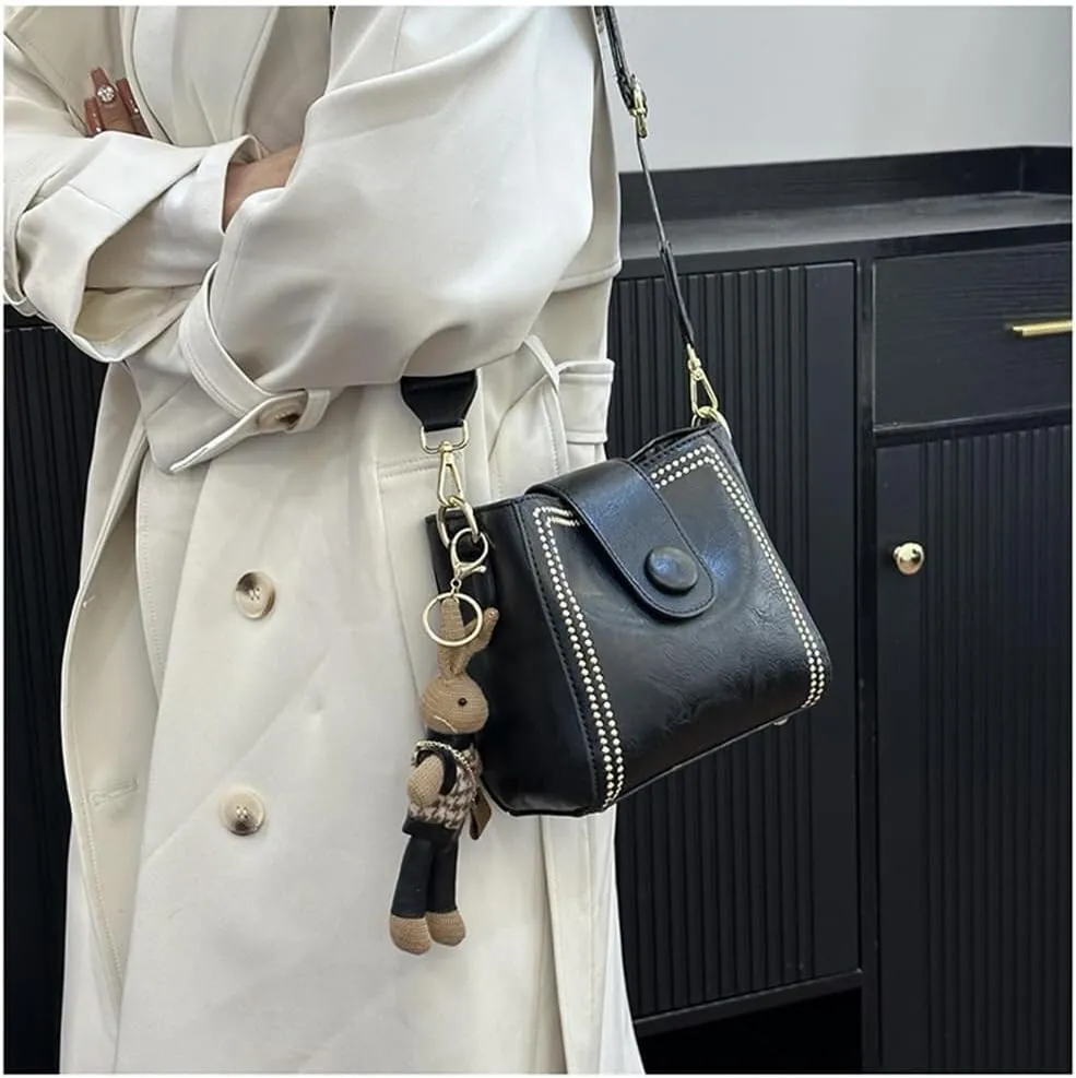 Vintage Simple PU Leather Bunny Bucket Ornaments Crossbody Bags for Women Luxury Designer Handbagt Lady Black Shoulder Bag