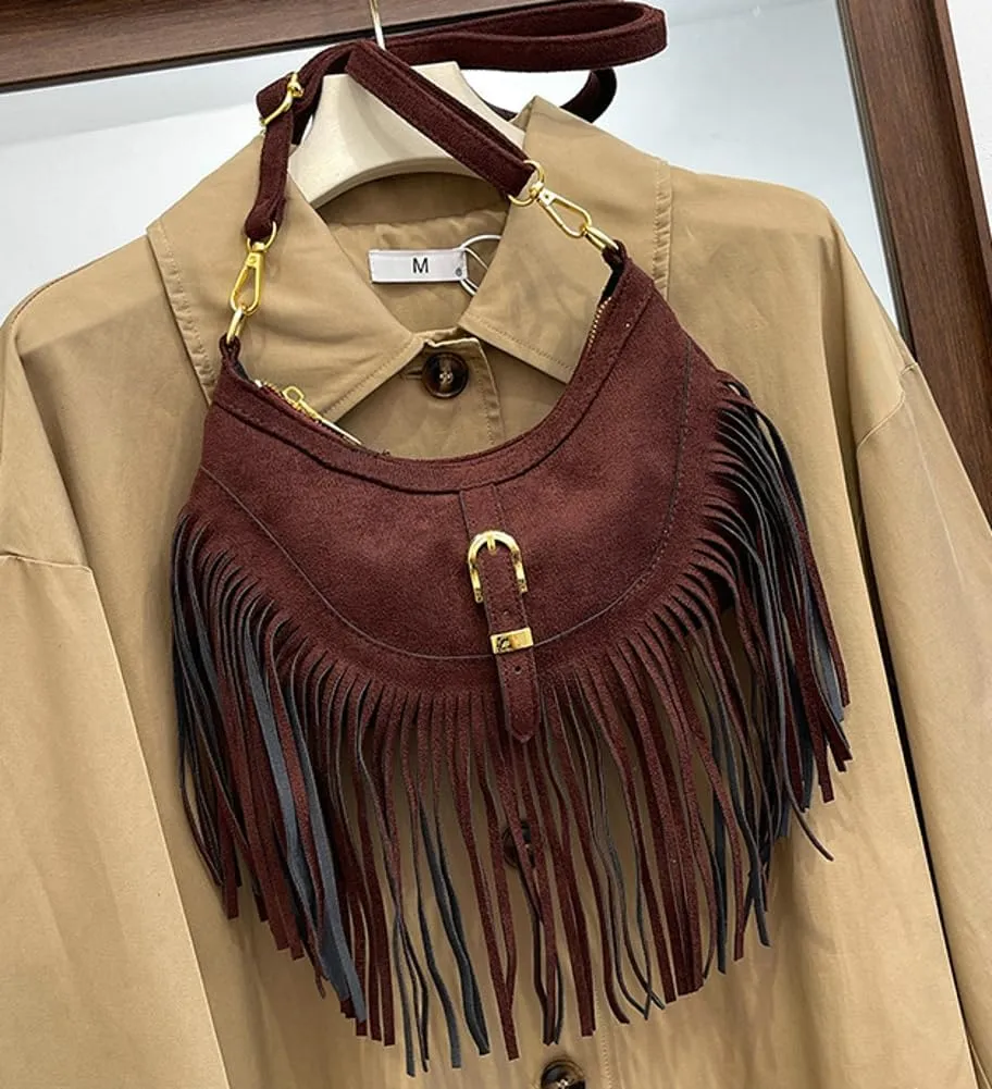 Vintage Tote Bags for Women Small Frosted Leather Shoulder Crossbody Bag Handbag Crescent Purse Satchel with Tassels