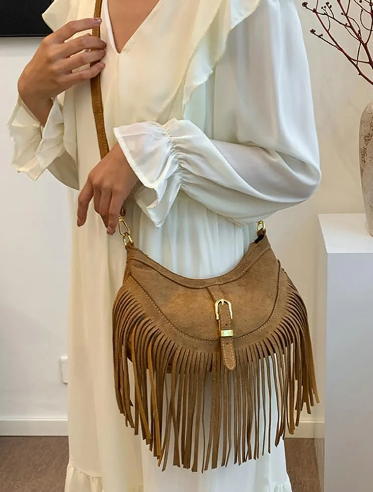 Vintage Tote Bags for Women Small Frosted Leather Shoulder Crossbody Bag Handbag Crescent Purse Satchel with Tassels