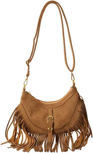 Vintage Tote Bags for Women Small Frosted Leather Shoulder Crossbody Bag Handbag Crescent Purse Satchel with Tassels