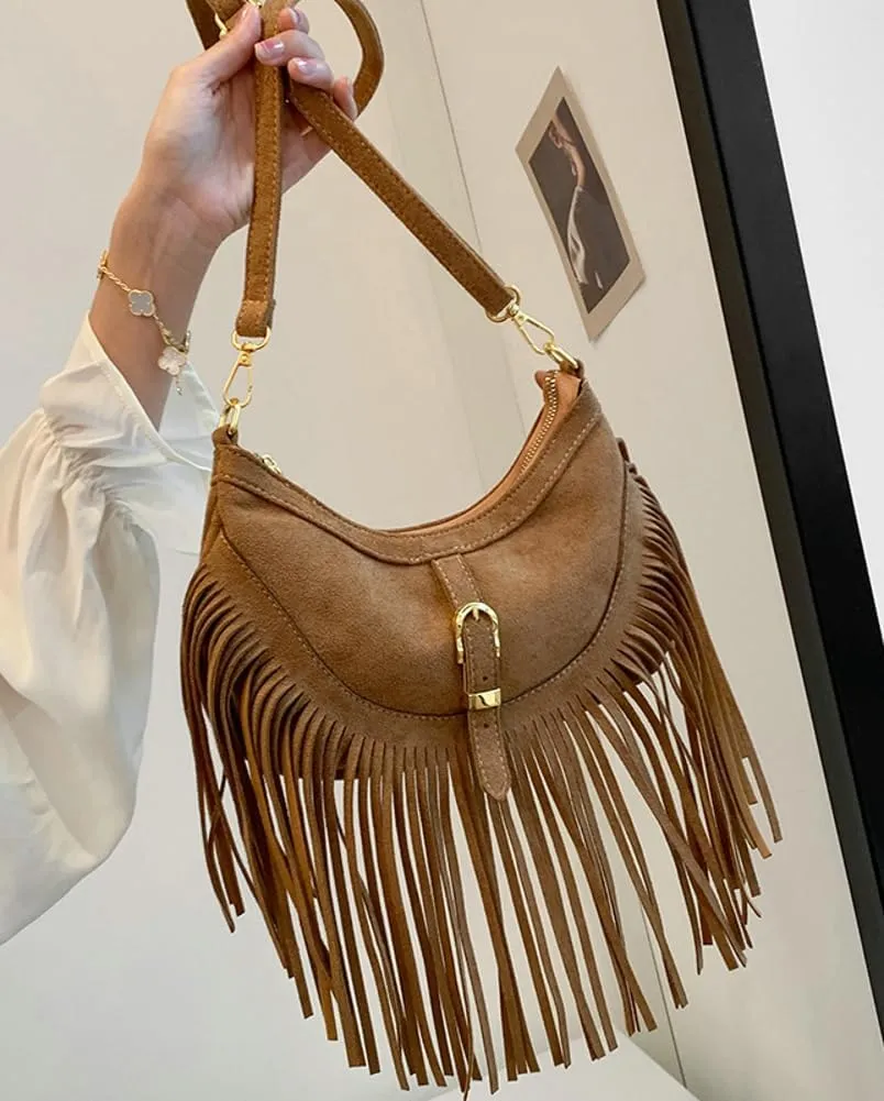 Vintage Tote Bags for Women Small Frosted Leather Shoulder Crossbody Bag Handbag Crescent Purse Satchel with Tassels