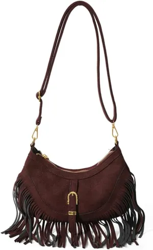 Vintage Tote Bags for Women Small Frosted Leather Shoulder Crossbody Bag Handbag Crescent Purse Satchel with Tassels