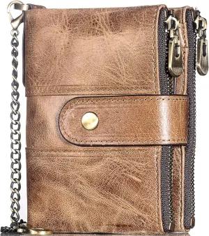 Wallet for Women, Small Genuine Leather Bifold RFID Blocking Clutch Vintage Zipper Short Card Holder Ladies Purse with ID Window and Chain