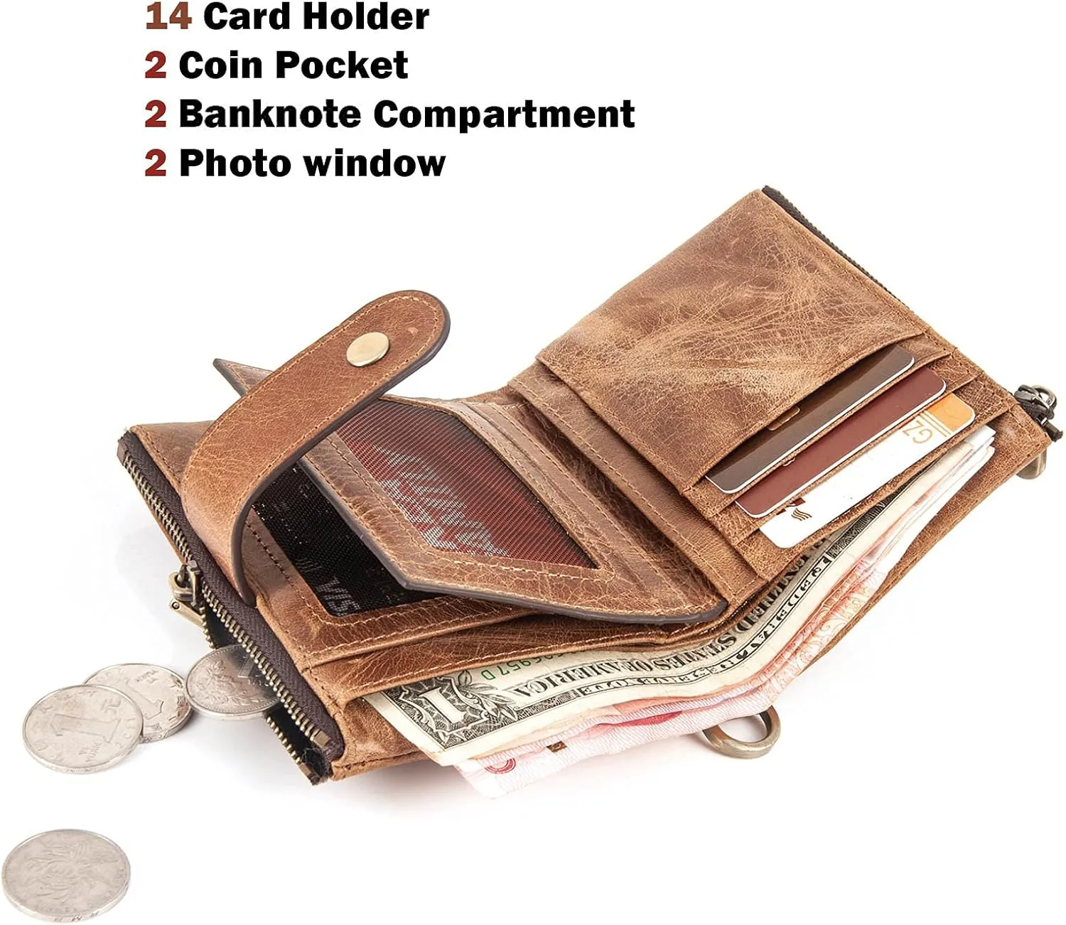 Wallet for Women, Small Genuine Leather Bifold RFID Blocking Clutch Vintage Zipper Short Card Holder Ladies Purse with ID Window and Chain