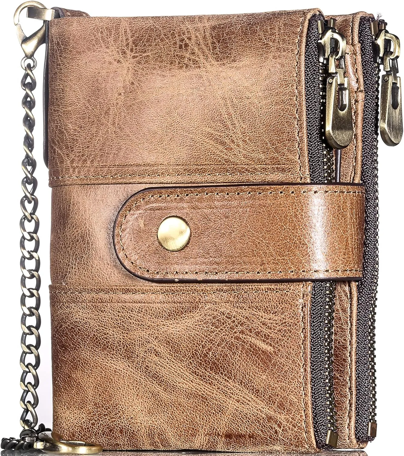 Wallet for Women, Small Genuine Leather Bifold RFID Blocking Clutch Vintage Zipper Short Card Holder Ladies Purse with ID Window and Chain