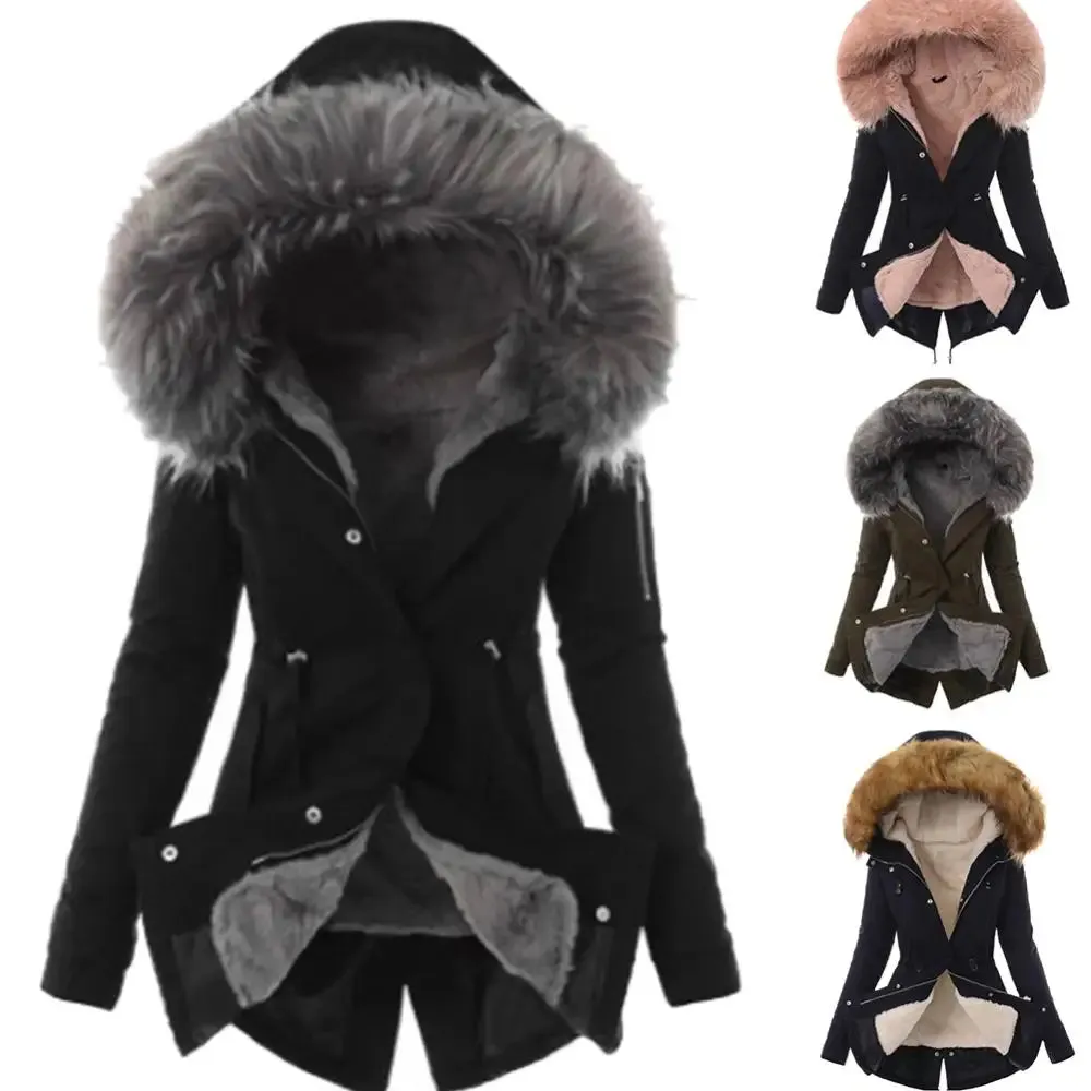 Warm Winter Women Faux Fur Hooded Cotton Down Jacket