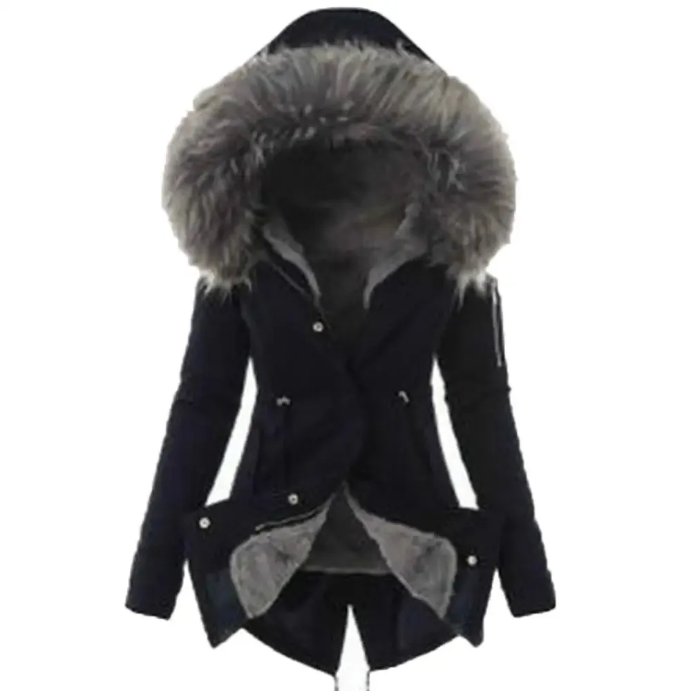 Warm Winter Women Faux Fur Hooded Cotton Down Jacket