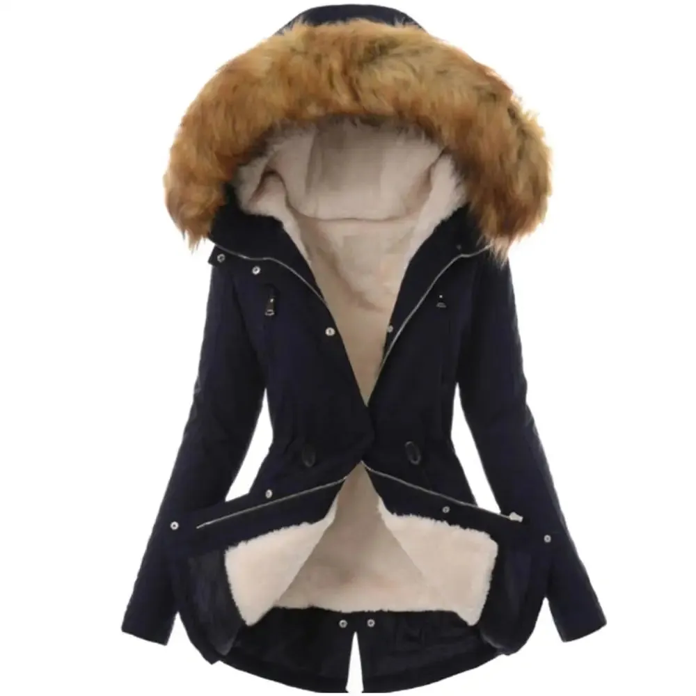 Warm Winter Women Faux Fur Hooded Cotton Down Jacket