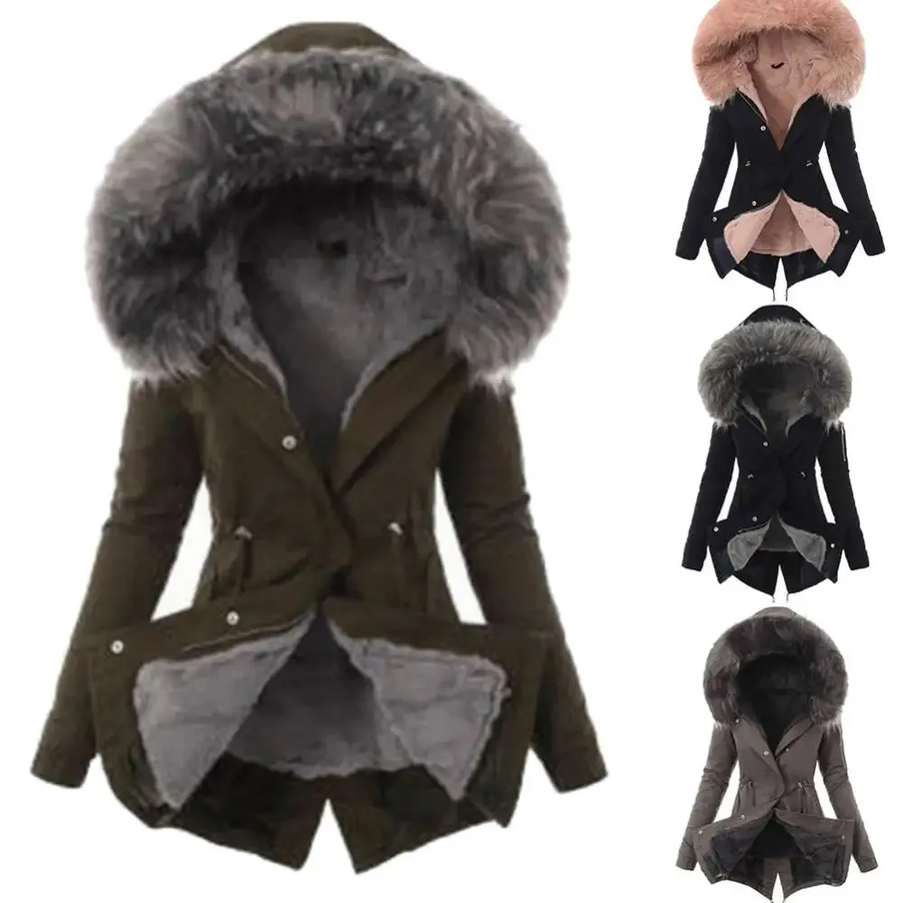 Warm Winter Women Faux Fur Hooded Cotton Down Jacket