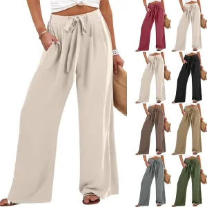 Wide Leg Linen for Pants Women Baggy Knot Tie High Waisted Palazzo Pants Flowy Summer Gauze Beach Pants with Pockets