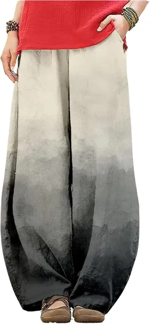 Wide Leg Pants for Women Boho Floral Printed Elastic Waist Baggy Trousers Loose Fit Lounge Pants with Pockets