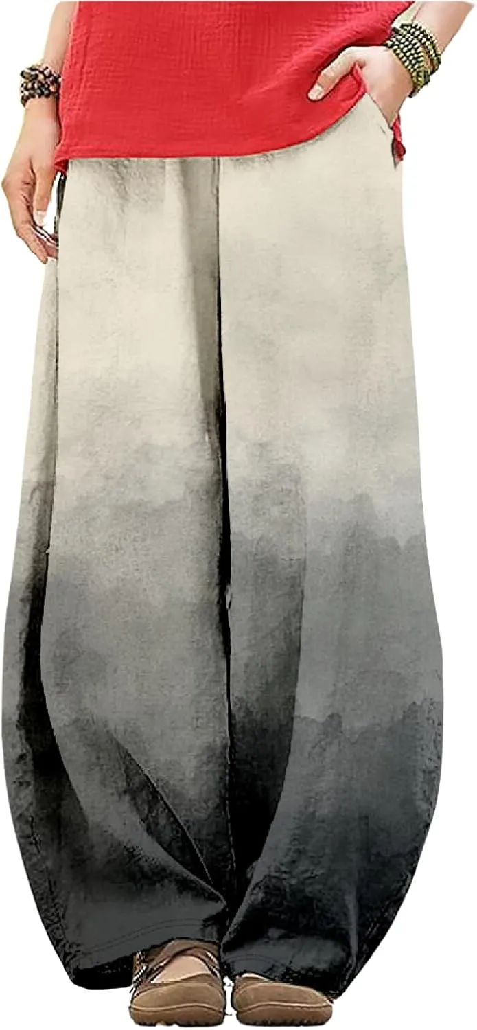 Wide Leg Pants for Women Boho Floral Printed Elastic Waist Baggy Trousers Loose Fit Lounge Pants with Pockets