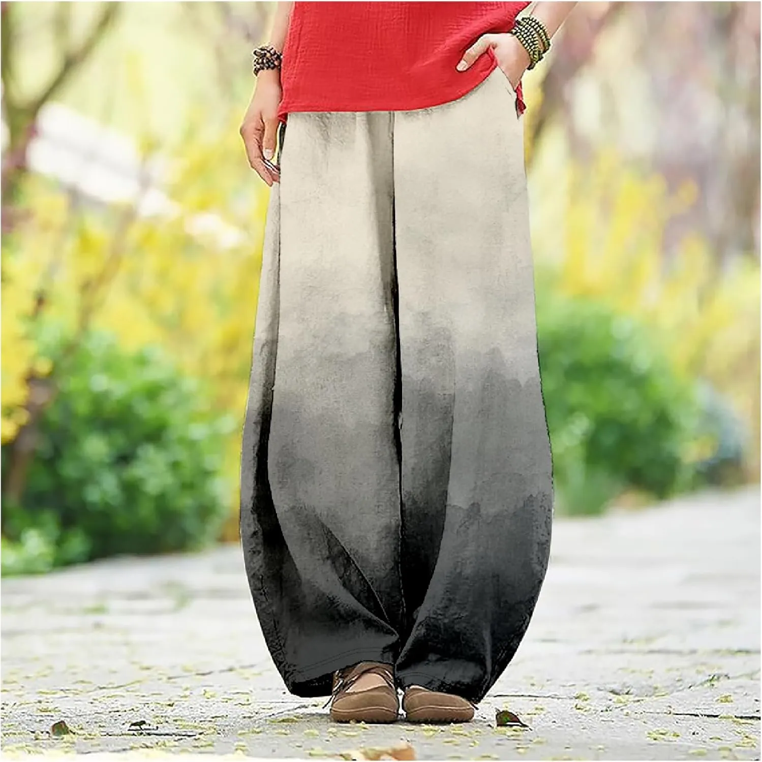 Wide Leg Pants for Women Boho Floral Printed Elastic Waist Baggy Trousers Loose Fit Lounge Pants with Pockets