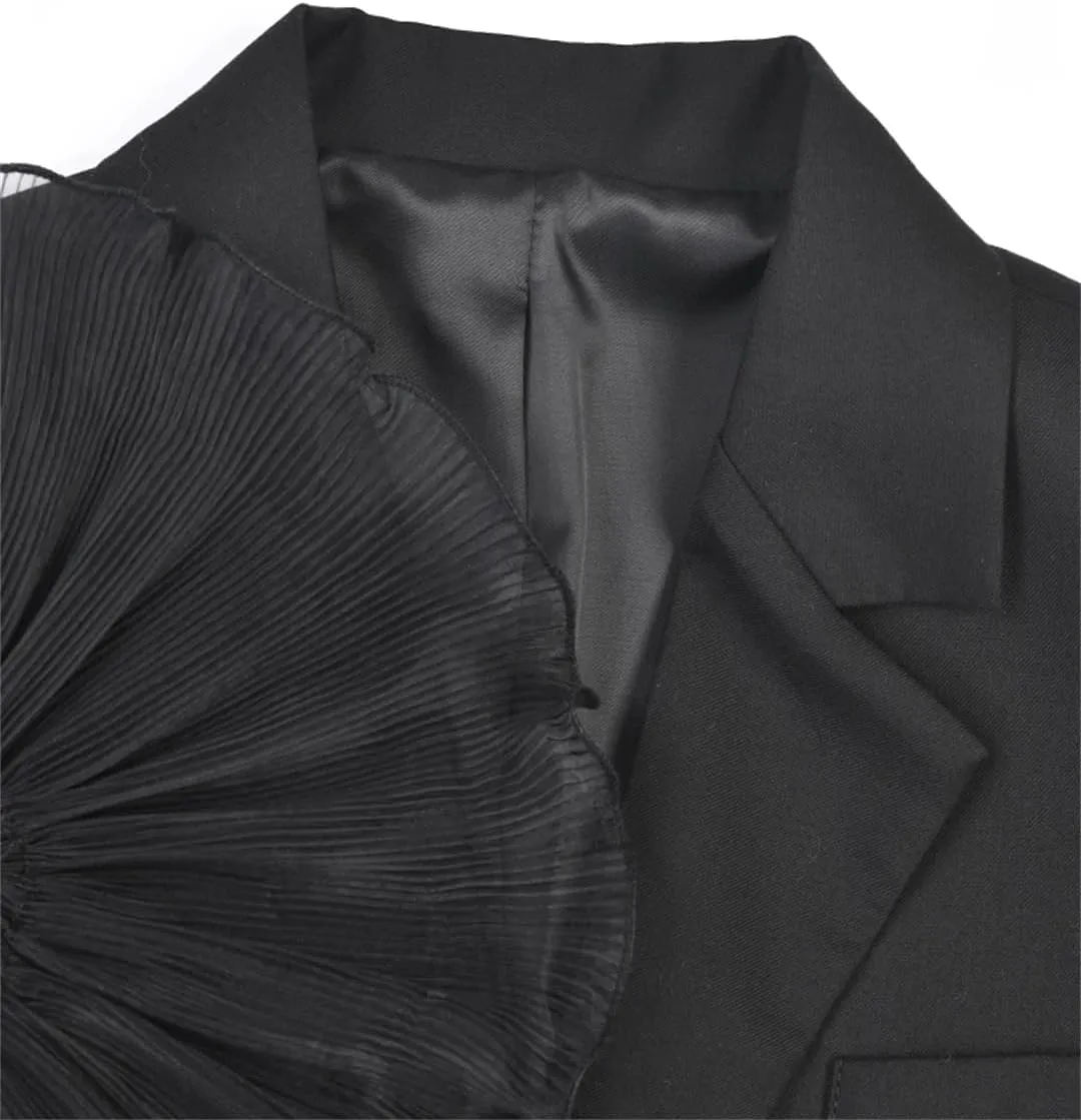 Women Black Organza Ruffles Blazer Lapel Long Sleeve Pockets Buttons Loose Suit Jacket