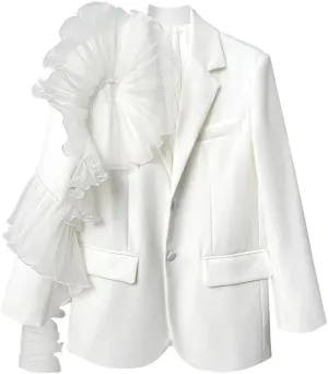 Women Black Organza Ruffles Blazer Lapel Long Sleeve Pockets Buttons Loose Suit Jacket