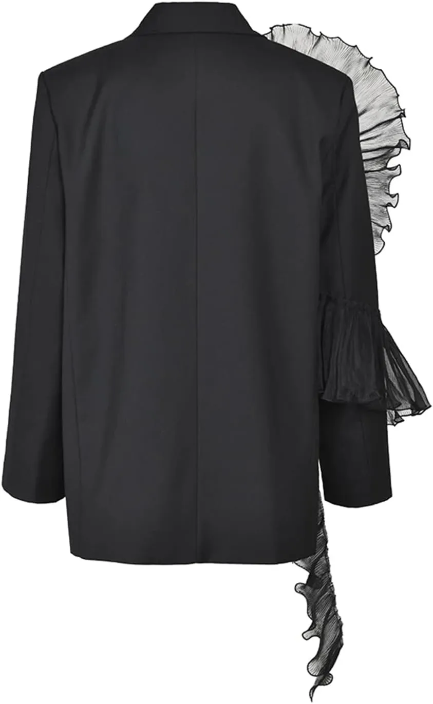 Women Black Organza Ruffles Blazer Lapel Long Sleeve Pockets Buttons Loose Suit Jacket