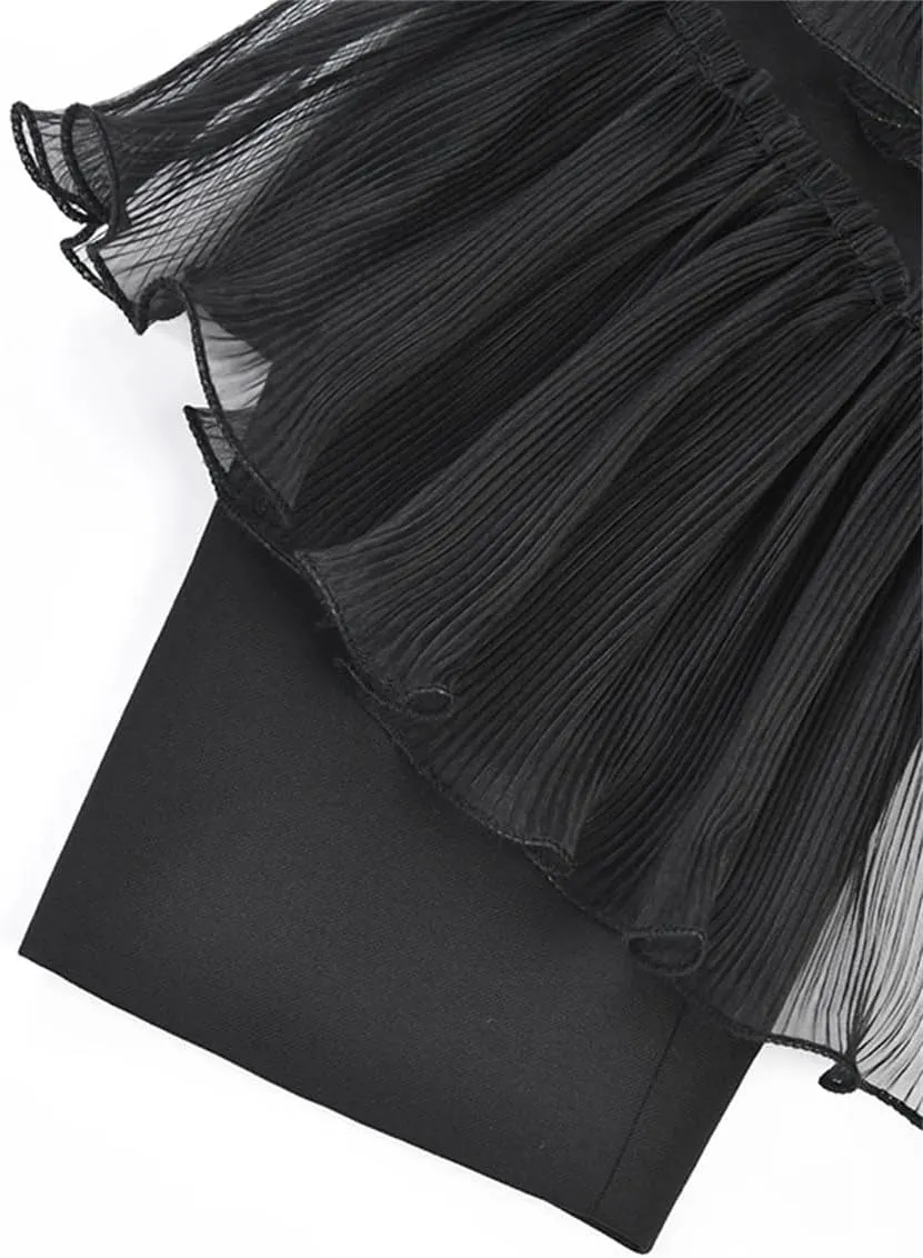Women Black Organza Ruffles Blazer Lapel Long Sleeve Pockets Buttons Loose Suit Jacket