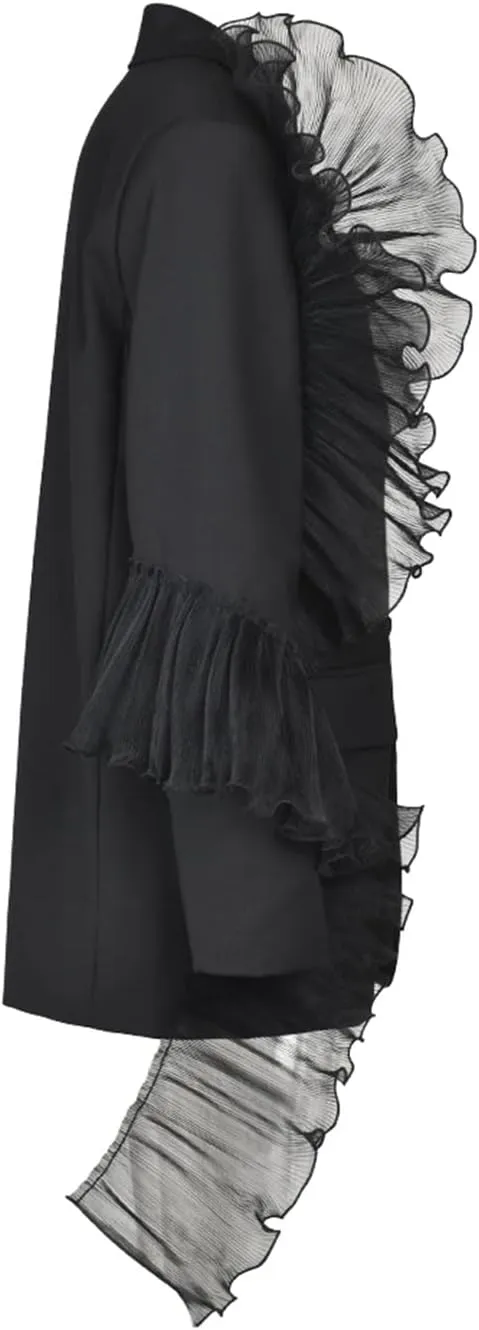 Women Black Organza Ruffles Blazer Lapel Long Sleeve Pockets Buttons Loose Suit Jacket