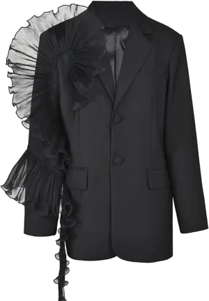 Women Black Organza Ruffles Blazer Lapel Long Sleeve Pockets Buttons Loose Suit Jacket