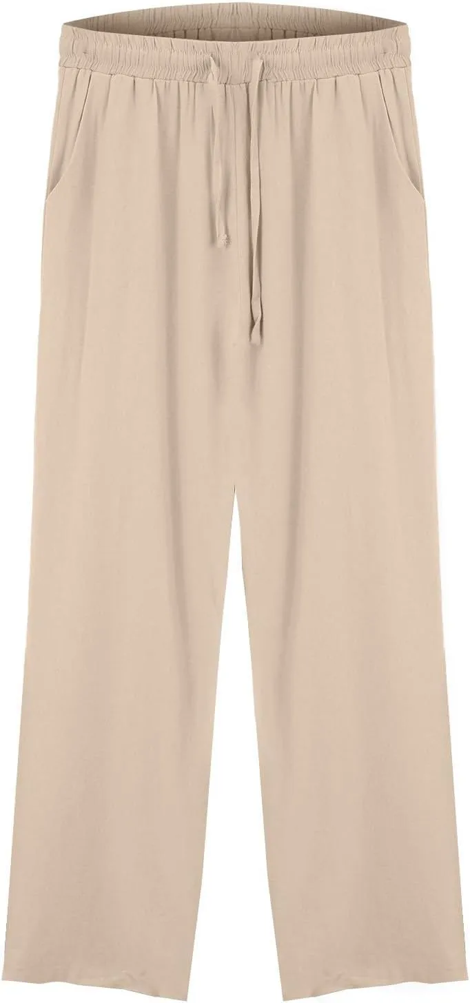Women Casual Cotton Linen Pants Summer Drawstring Elastic Waist Solid Plus Size Lounge Long Jogger Trouser with Pocket